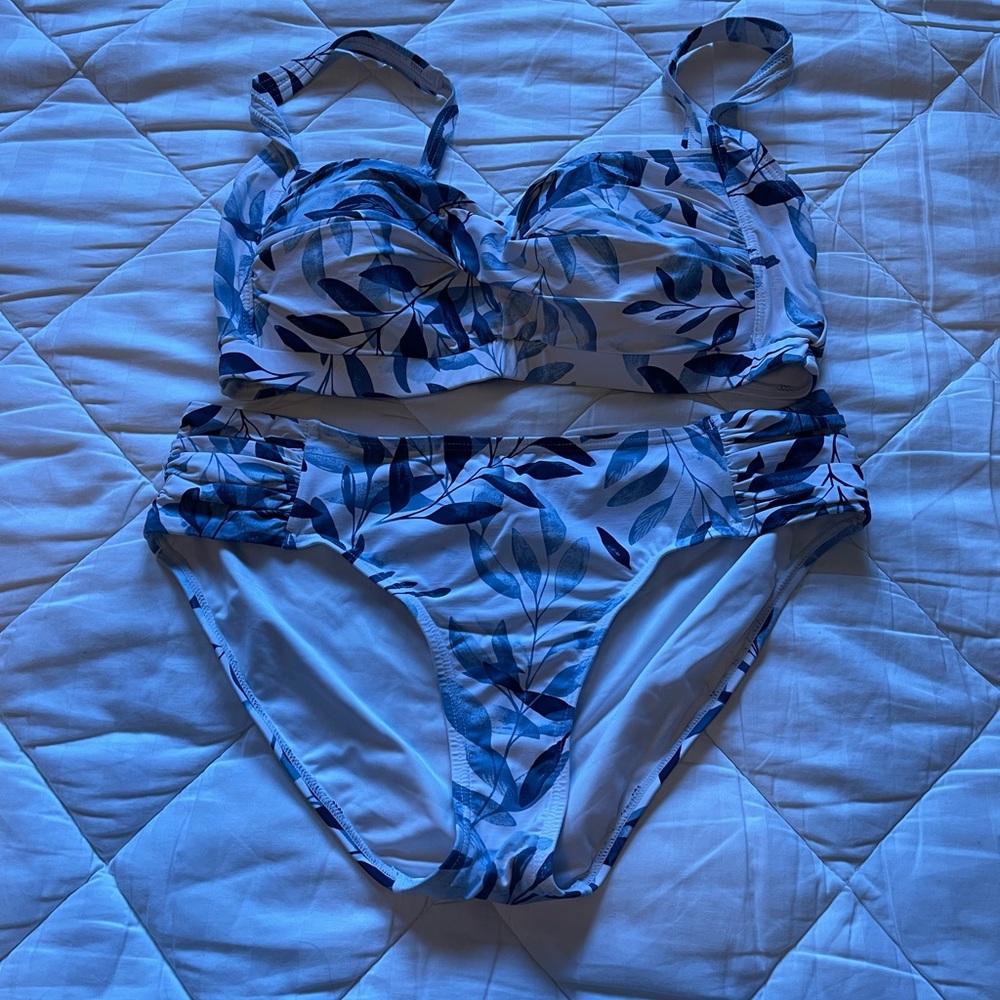 Tropic Blue/White Print two piece swim suit, size 12